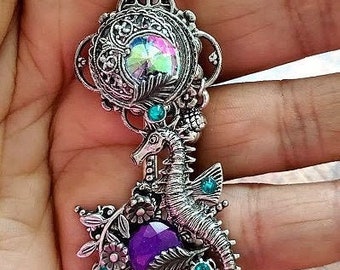 Fantasy Steampunk Seahorse Mermaid Necklace Cosplay Sea Anime Hippie Jewelry Aura Rainbow Purple Glow