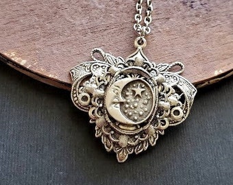 Celestial Moon Stars Necklace | Lunar Pendant | Half Moon | Crescent | Decorative Design | Artisan Gift Idea | Steampunk Rustic Victorian