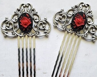 Red Rose Flower Haircomb Pair of 2 | Cameo Floral Comb | Romantic Aesthetic Hairpiece | Flower Jewelry | Silver Feminine Hair Pin