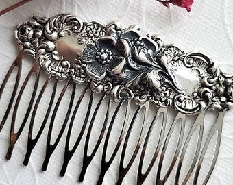 Peine de pelo de aspecto antiguo / Peine de flores de plata vintage / Naturaleza nupcial / Peine de pelo de diosa / Peine de soporte de bollo de plata / Estilo antiguo