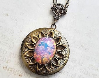 Bronze Rainbow Locket Necklace | Czech Glass Fire Opal | Sun Flower Glass Stone Jewelry | Colorful Oval | Brass Locket Necklace