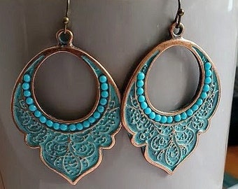 Blue Copper Hoops Earring |  Dangling Bronze Earrings | Vintage Jewelry | Antique Fish Hook | Circle Hoops Earring