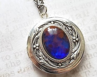 Blue Opal Silver Locket - Large Victorian Romantic Pendant - Blue Round Necklace - Blue Whimsical Necklace - Marbled Stone Necklace
