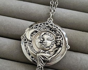 Moon face Locket | Silver Necklace | Crescent Jewelry | Celestial Sun Pendant | Galaxy Luna Jewelry | Vintage Style | Sitting on the Moon