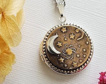 Stars Locket | Silver Moon Necklace | Crescent Bronze Brass Jewelry | Celestial Sun Pendant | Galaxy Luna Jewelry | Vintage Style