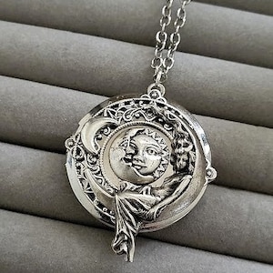 Moon face Locket | Silver Necklace | Crescent Jewelry | Celestial Sun Pendant | Galaxy Luna Jewelry | Vintage Style | Sitting on the Moon