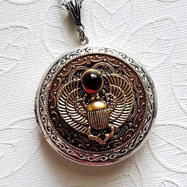 Egyptian Scarab Locket With Dark Red Stone| Large Locket | Silver Necklace Jewelry | Egyptian | Pill Box Photo Locket | Ancient Steampunk