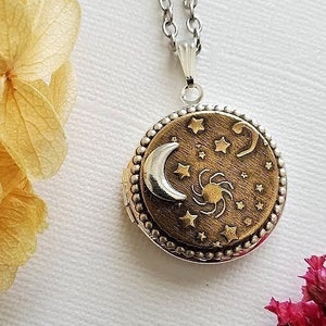 Stars Locket | Silver Moon Necklace | Crescent Bronze Brass Jewelry | Celestial Sun Pendant | Galaxy Luna Jewelry | Vintage Style
