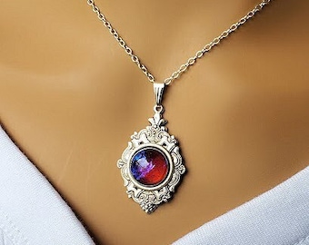 Dragons Breath Necklace | Fire Opal Pendant | Sterling Silver Jewelry | Mexican Opal Stone | Round Goth Stone | Gift Ideas for Her