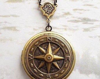 Compass Locket Necklace | True North Locket | Antiqued Brass | Keepsake Compass Locket | Art Pendant | Guide me | Directional Jewelry