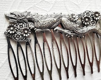 Fantasy Dragon Haircomb | Victorian Floral Hair Comb | Mythical Creature | Japanese Folklore | Aesthetic Grunge | Animal Hairpiece | Jewel