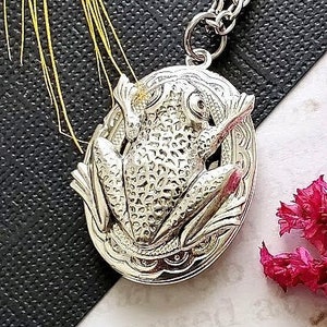 Silver Oval Locket Frog Necklace Animal Pendant Wetland Leaf Picture Hold Jewelry Charming Emerald Cute Toad Locket Large Oval image 2