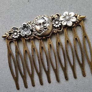 Moon Haircomb Fantasy Sun Accessory Antique Style Comb Flower Hairpiece Vintage Look Hair Pin Man in the Moon Celestial Gift image 4