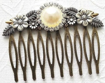 Crystal Pearl Haircomb | Vintage Look Hair Comb | Goddess Charm | Bronze Bun Holder | Hairpiece | Flower Hair Comb