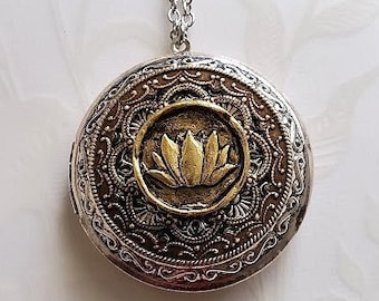 Lotus Flower Locket | Large Silver Necklace | Gold Floral Jewelry | Vintage Style | Pill Box Photo Locket | Gift Ideas for Her