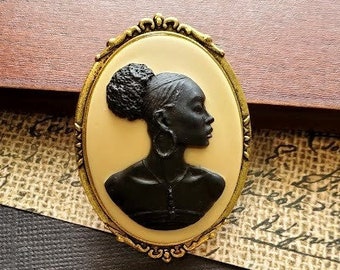 African Lady Brooch Pin | Queen Lady Cameo | Gold Brooch | Black and Ivory Cameo | Tribal Ethnic Culture Unisex Male Suit | Black History