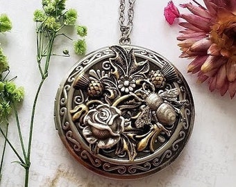 Vintage Style Bee Rose Locket Necklace | Cottage Core | Silver Victorian Flower Garden |