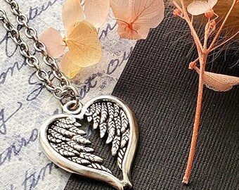 Heart Wing Pendant Silver Necklace Open Tiny Heart Women Jewelry Lovers Gift Brave Heart EA830