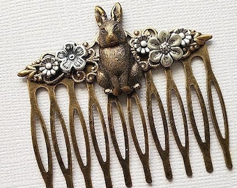 Rabbit Flower Hair Comb | Antique Silver Bronze | Fantasy Hair Comb | Flower Hair Accessories |  Victorian Hairpiece | Bun Holder Comb