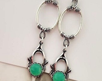 Green Opal Earring | Original Antique Sterling Silver Dangling Ear wires | Emerald Opal Glass Stone | Vintage Jewelry | Antique Fish Hook