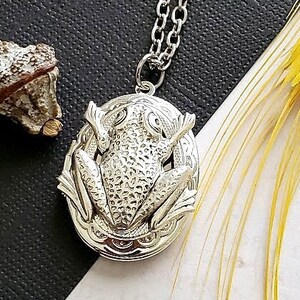 Silver Oval Locket Frog Necklace Animal Pendant Wetland Leaf Picture Hold Jewelry Charming Emerald Cute Toad Locket Large Oval image 8