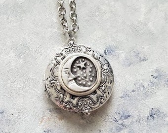 Gypsy Moon Star Locket Necklace | Pendant | Silver Lunar | Celestial Astrology | Art Jewelry Starry Fantasy