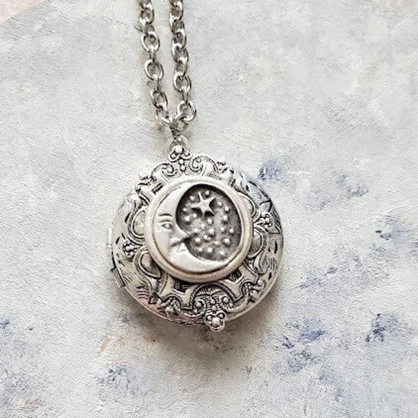 Gypsy Moon Star Locket Necklace | Pendant | Silver Lunar | Celestial Astrology | Art Jewelry Starry Fantasy