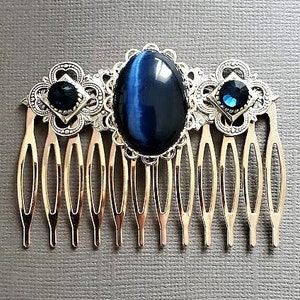 Blue Opal Haircomb | Cats Eye Stone Hair Comb | Navy Cabochon Hairpiece | Royal Blue Silver Jewelry | Romantic Fantasy | Statement Jewelry