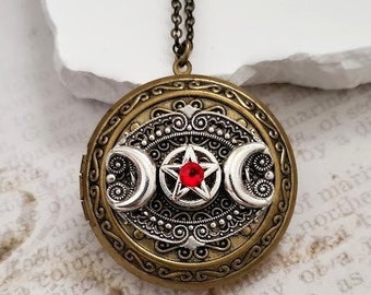 Triple Moon Locket | Star Necklace | Bronze Brass Necklace | Crescent Silver Jewelry | Celestial Pendant | Galaxy Luna Gift  | Vintage Style