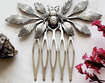 Silver Bee Hair Comb | Nature Cottage Core Aesthetic Hair Pin | Leaf Hair Accessory | Forest | Hair Styles