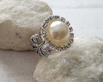 Adjustable Pearl Ring | Rhinestone | Gift For Her | Victorian Style | Antique Look Charm