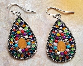 Colorful Teardrop Earring | Original Antique Sterling Silver Dangling Earrings | Boho Rainbow Petals | Vintage Jewelry | Antique Fish Hook