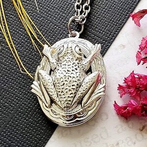 Silver Oval Locket Frog Necklace Animal Pendant Wetland Leaf Picture Hold Jewelry Charming Emerald Cute Toad Locket Large Oval image 3