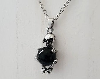 Skeleton Necklace | Obsidian Pendant | Halloween Accessory | Black Stone Jewelry | Gothic Necklace | Day of The Dead | Gift Ideas for Her