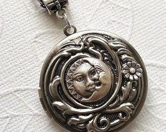 Moon Face Locket | Magical Sun Necklace | Silver Rose Flower Jewelry | Dream Core Aesthetic | Celestial Crescent Moon Sun | Floral Locket