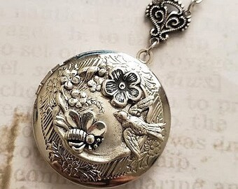 Flower Locket Necklace | Silver Bird Necklace | Vintage Style Jewelry | Humming Bird Pendant | Antique Filigree Locket
