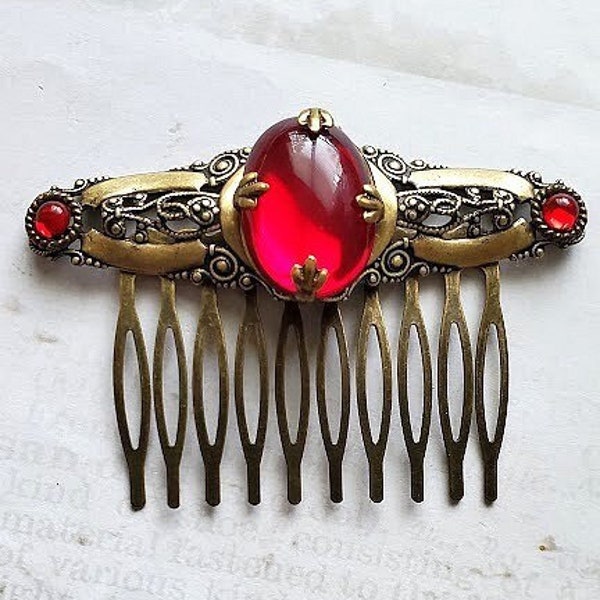 Ruby Hair Comb | Decorative Bronze Haircomb | Red Opal Bridal Hairpiece | Dream Core Aesthetic Hair Clip | Wedding Bun Holder | Bronze brass