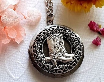 Cowgirl Boot Necklace Locket | Country Necklace | Western Girl Necklace | Silver Photo Locket