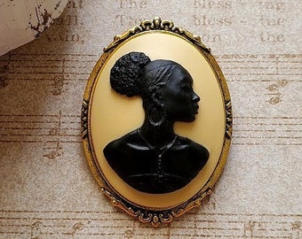 African Brooch Pin | Lady Cameo | Gold Brooch | Black and Ivory Cameo | Tribal Ethnic Culture Unisex Male Suit