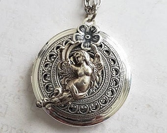 Victorian Goddes Flower Locket Necklace | Angel Jewelry | Silver Enchantment Magical Dream Whimsical Round Pendant