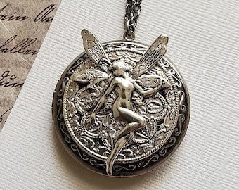 Large Fairy Locket | Silver Faeri Necklace | Angel Wing Jewelry | Tierra-Cast Loose Chain | Enchantment Magical Dream | Whimsical Pendant |