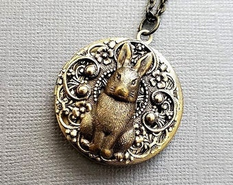 Naszyjnik z królikiem | Okrągły medalion z króliczkiem | Styl vintage | Aksamitny królik | Naszyjnik z wielkanocnym króliczkiem | Leśna natura | Biżuteria ze zwierzętami