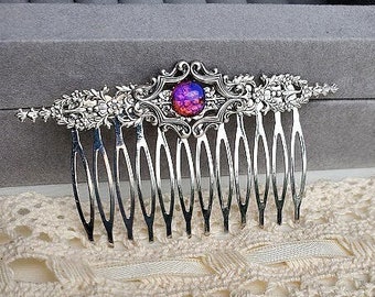 Dragon Breath Hair Comb | Mexican Opal Haircomb | Silver Hairpiece | Daisy Flower Bridal Clip | Glass Stone Jewelry