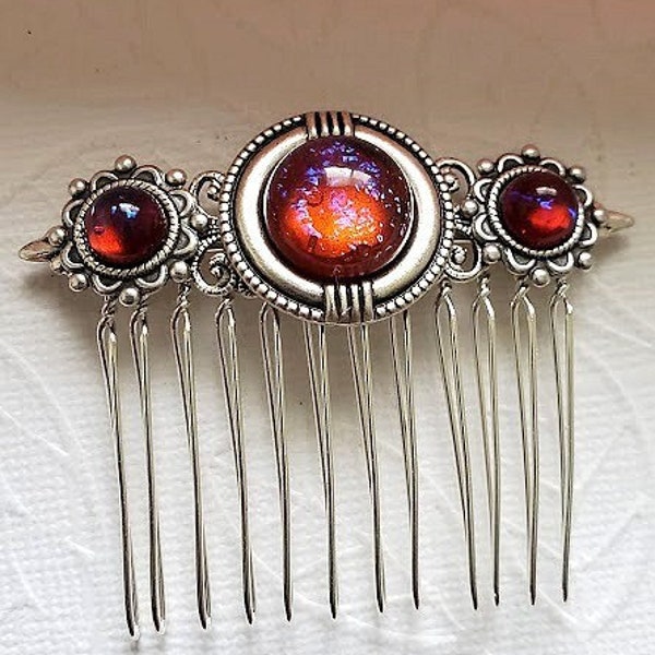 Dragon Breath Opal Hair Comb | Decorative Silver Haircomb | Bridal Hairpiece | Dream Core Aesthetic Hair Clip | Wedding Bun Holder