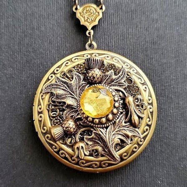 Large Thistle Flower Locket Necklace | Yellow Fire Gold | Vintage Look | Victorian Steampunk | Pill Box Photo Keepsake |Bronze Brass Jewelry