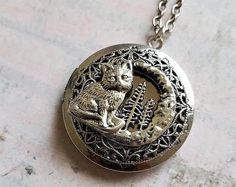 Silver Cat Locket |  Kitty Cat Necklace | Pine Tree Jewelry | Sterling Silver Half Moon | Animal Necklace | Pet Lovers | Gift Ideas