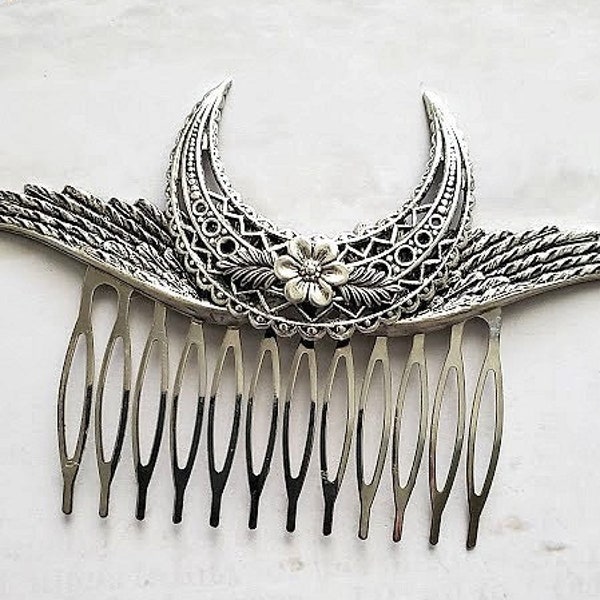 Crescent Moon Hair Comb | Celestial Wing HairPiece |  Mystical Halloween Hair Accessories | Dream Core Aesthetic | Steampunk Witchy Oddities