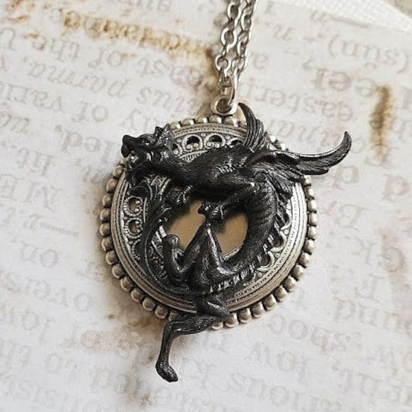 Black Gargoyle Dragon Necklace | Gothic Guardian Protection | Renaissance Dragon Pendant | Silver Round Jewelry | Mythical Magical Beasts