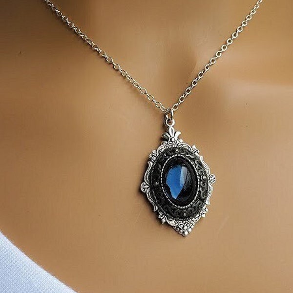 Blue Oval Necklace | Dark Blue Pendant | Silver Sapphire Jewelry | Blue Opal Stone | Gift Ideas for Her
