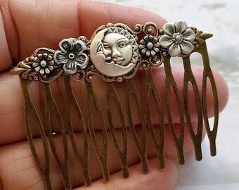 Moon Haircomb | Fantasy Sun Accessory | Antique Style Comb | Flower Hairpiece | Vintage Look Hair Pin | Man in the Moon | Celestial Gift